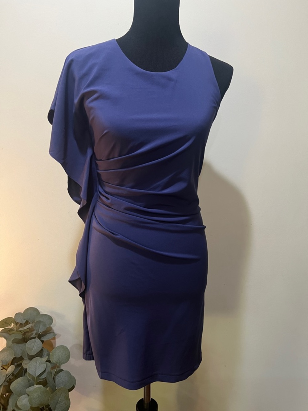 Blue Royal Purple One-Shoulder Draped Mini Dress with stretch.  Form fitting. S